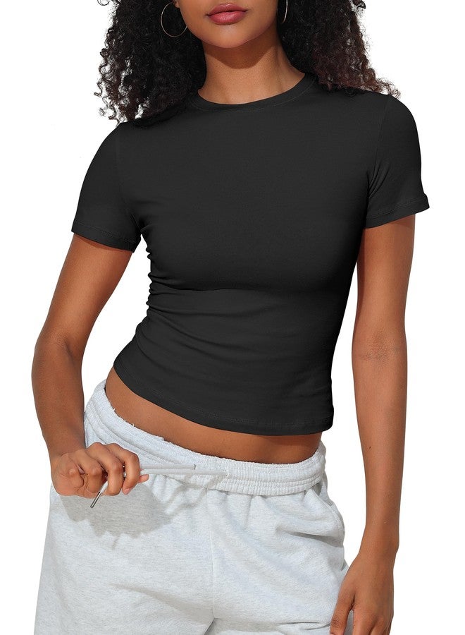 PrettyGuide Women's Casual Basic Going Out Tops Slim Fit Short Sleeve Crew Neck Tight Crop T Shirts Black S - Image 1